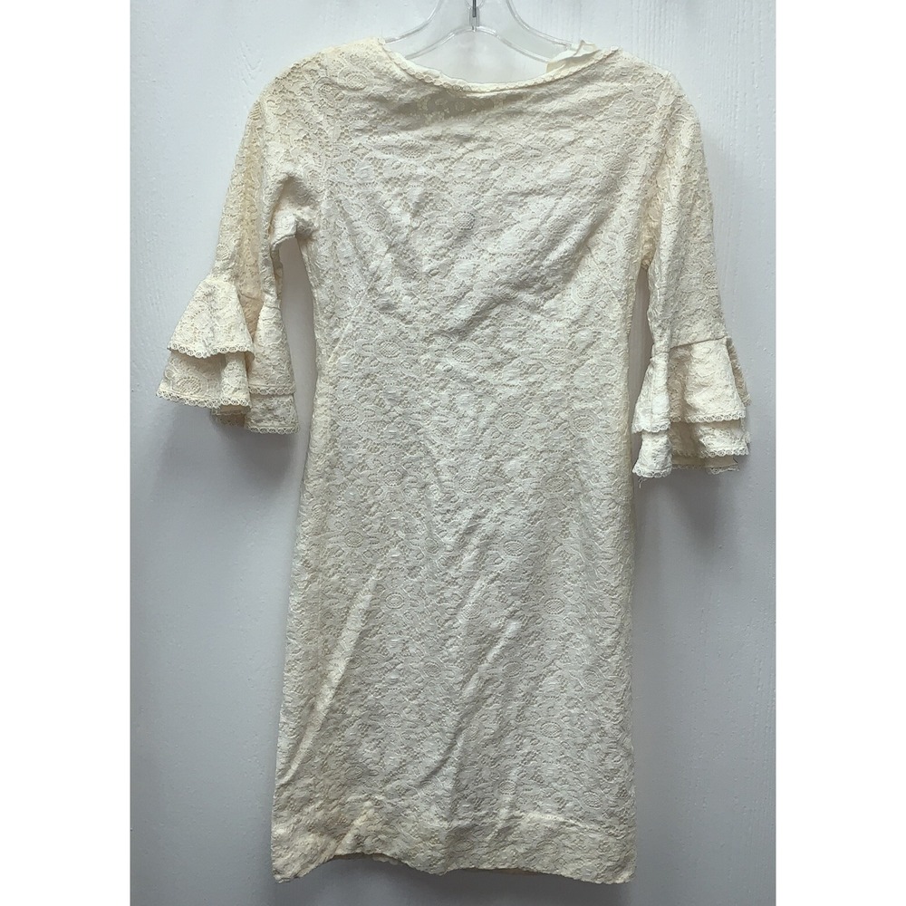 Vtg Cream 60's  Boho Prarie Hippy Dress Bell Sleeve Lace - Debby Ross Calif Sz S